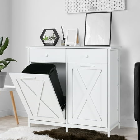 Arlopu Double Tilt Out Trash Cabinet, 2 x 10 Gallon Freestanding Garbage Bin Holder Wooden Laundry Sorter Cabinet with Drawer for Kitchen, Living Room