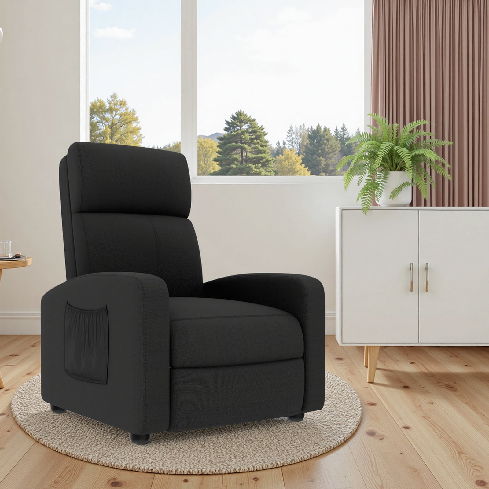 Arlopu Fabric Recliner Chair, Single Reclining Chair Home Theater Seating with Side Pocket, Adjustable Backrest and Footrest, Ergonomic Lounge Chair for Living Room, Black