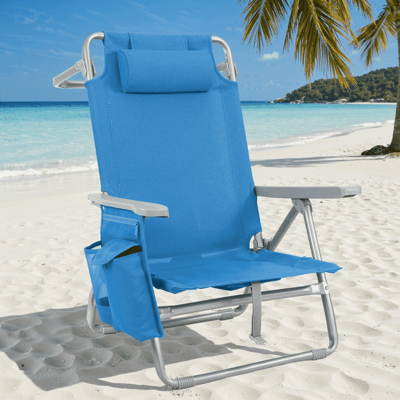 Arlopu Folding Backpack Beach Chair, 5-Position Protable Beach Chair w/ Headrest, Cooler Pouch, Storage Bag, Towel Bar, Foot Mat