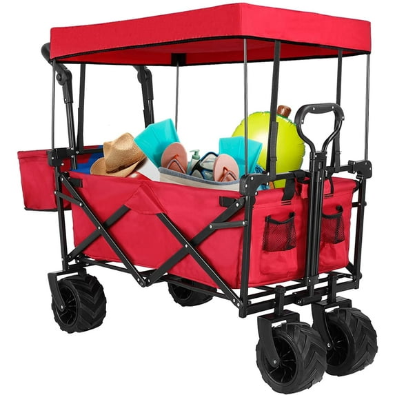 Arlopu Folding Collapsible Outdoor Garden Wagon Cart with 7" All-Terrain Wheels
