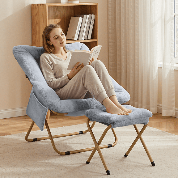 Arlopu Folding Saucer Chair with Ottoman, Comfy Faux Fur Chair, Metal Frame Lounge Chair for Living Room Bedroom Dorm, Gray