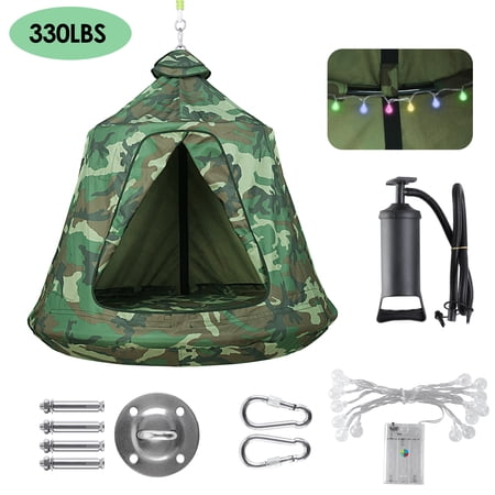 Arlopu Kids Hanging Tree Tent, Indoor Outdoor Hanging Chair Swing Tent, Children Play House Tent with LED Decoration Lights, 330lbs Weight Capacity