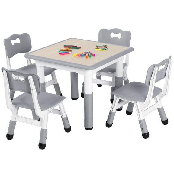 Arlopu Kids Table and 4 Chairs Set, Height Adjustable & Non-Slip Legs, Toddlers 5pcs Activity Table Set for Daycare, Classroom, Home, Gray