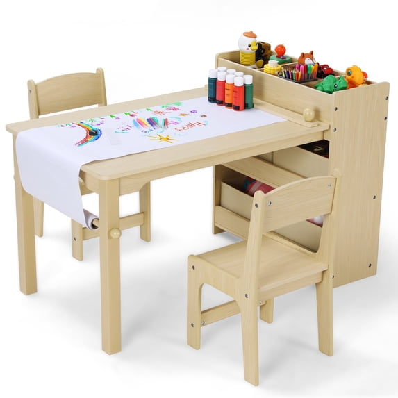 Arlopu Kids Art Table and 2 Chairs Set with Paper Roll, Toddler Craft Drawing Table, Children Play Activity Table with Storage Space