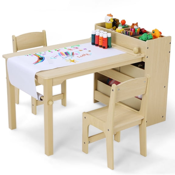 Arlopu Kids Art Table and 2 Chairs Set with Paper Roll, Toddler Craft Drawing Table, Children Play Activity Table with Storage Space