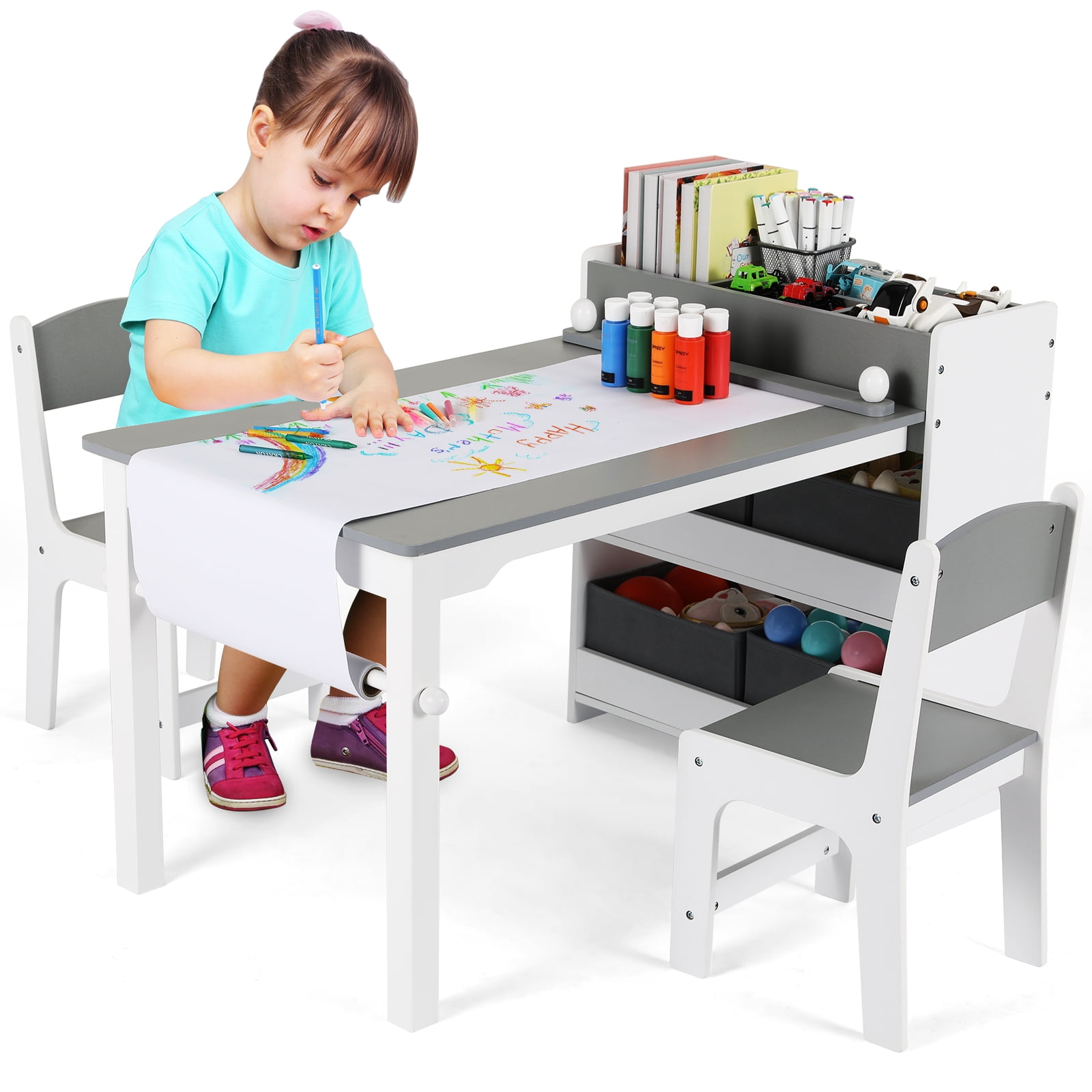 Arlopu Kids Art Table And 2 Chairs Set Wooden Toddler Drawing Desk Children Activity Table With 4 Storage Bins Storage Shelves And Paper Roll: Shop With Context