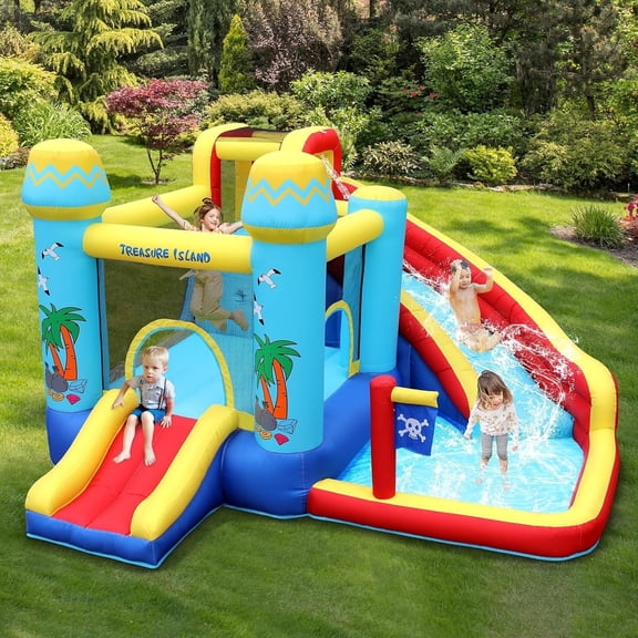 Arlopu Kids Inflatable Bounce House Water Slide with Blower, Children Outdoor Play Water Park with Splash Pool, Climbing Wall & Bouncing Area for Little Girls Boys 3-8 Years