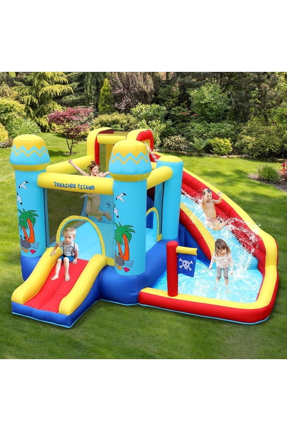 Kids Inflatable Bounce House Water Slide with Blower, Children Outdoor Play Water Park with Splash Pool, Climbing Wall & Bouncing Area for Little Girls Boys 3-8 Years