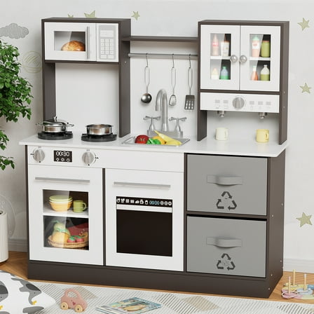 Arlopu Kids Pretend Play Kitchen, Wooden Toy Kitchen Playset with Real Sound & Light, Gift for Boys Girls Age 3+ Brown