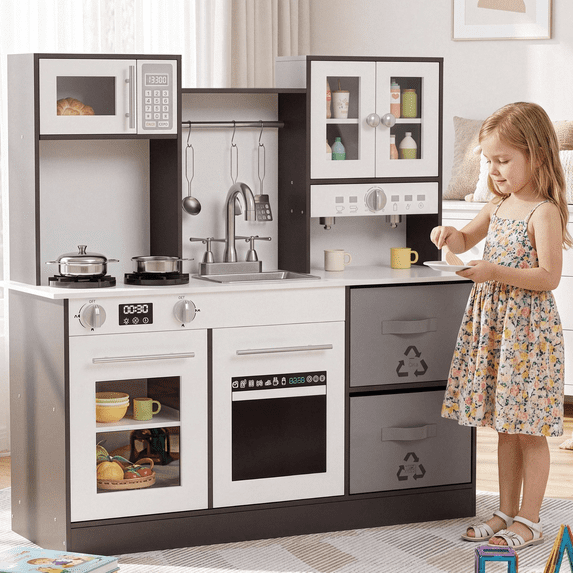 Arlopu Kids Pretend Play Kitchen, Wooden Toy Kitchen Playset with Real Sound & Light, Gift for Boys Girls Age 3+ Brown