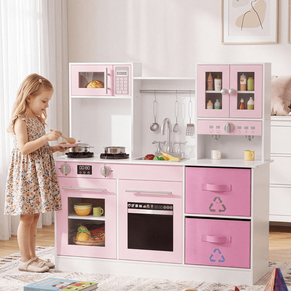 Arlopu Kids Pretend Play Kitchen, Interactive Wooden Cooking Toys Set w/ Lights & Sounds, Pink