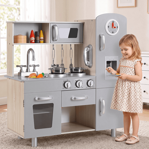 Arlopu Wooden Kids Play Kitchen, Pretend Kitchen Playset Interactive Cooking Toys with Realistic Sounds & Lights