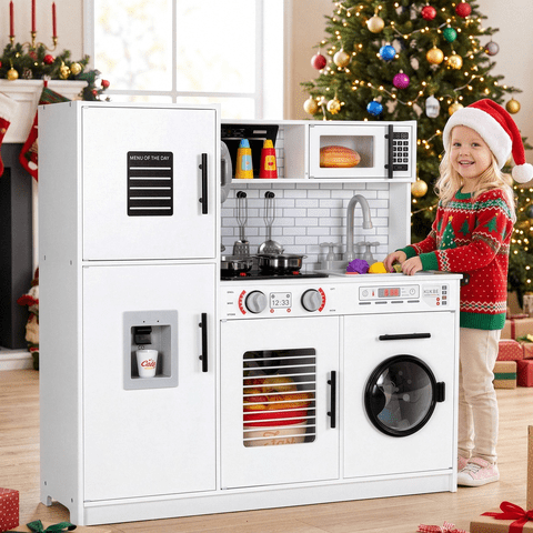 Arlopu Kids Pretend Kitchen Playset, Interactive Wooden Kitchen Toys Set with Lights & Sounds for Boys Girls Age 3+