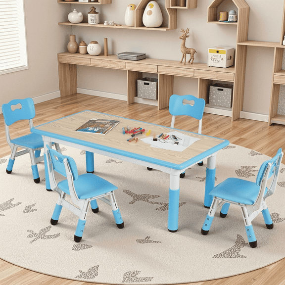 Arlopu Kids Table and 4 Chairs Set, Height Adjustable Toddler Multi Activity Desk Children Study / Dining Table, for Ages 2 - 10