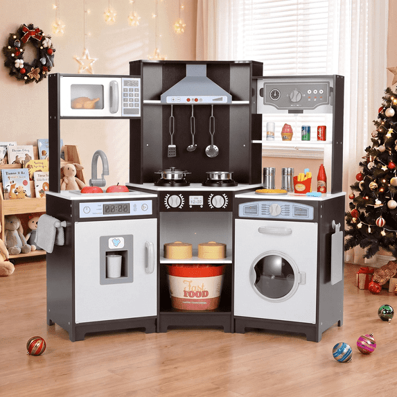 Arlopu Kids Pretend Play Corner Kitchen, Interactive Wooden Kids Set w/ Lights & Sounds, Toy Kitchen Gift for Boys Girls Age 3+