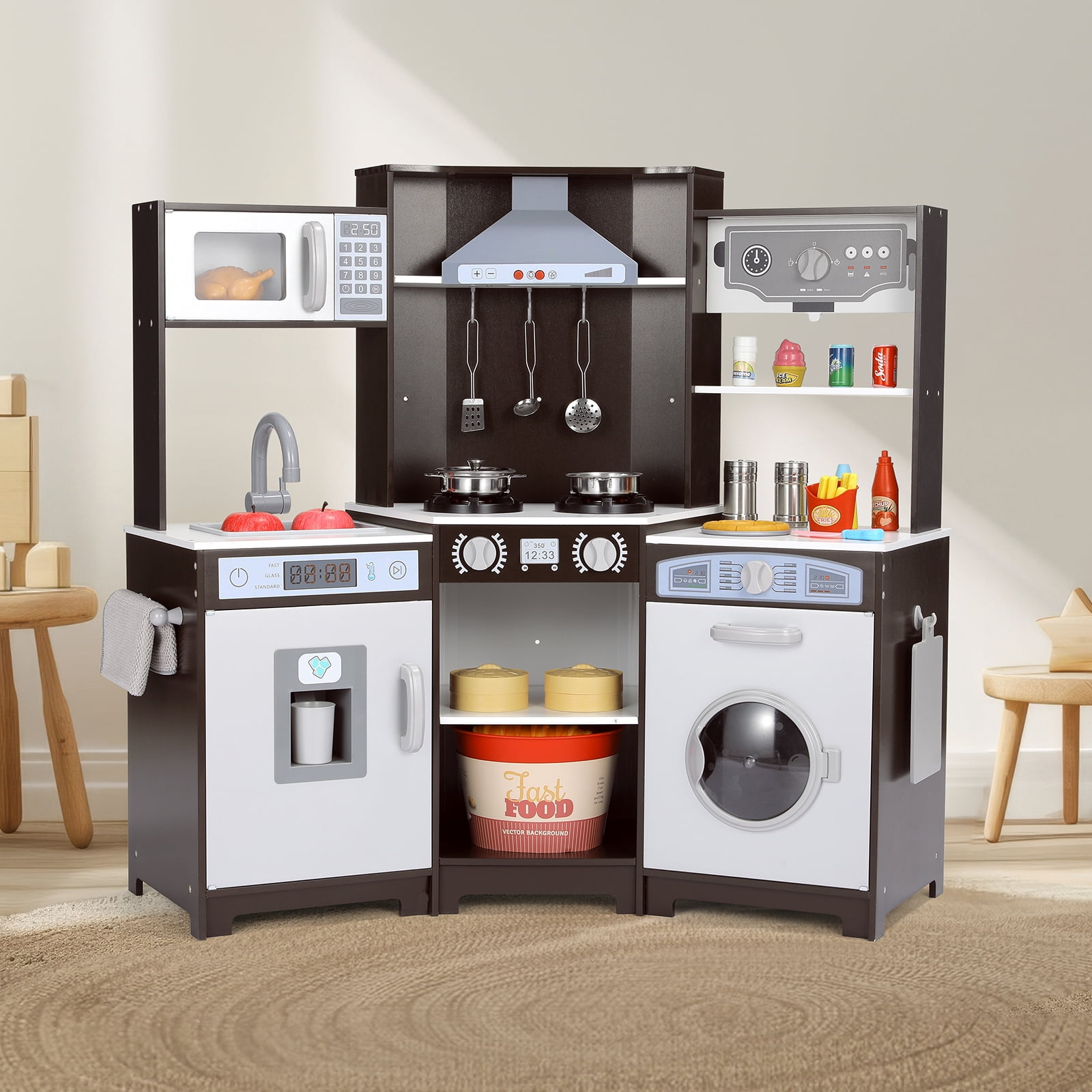 Arlopu Kids Corner Play Kitchen Set, Wooden Kitchen Playset Interactive Toys w/ Microwave Oven, Washer & Cooking Accessories, Realistic Lights & Sounds