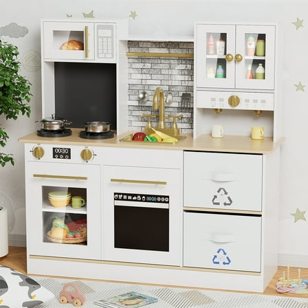 Arlopu Kids Play Kitchen Set, Wooden Pretend Kitchen Toys w/ Cookware Accessories, Sink, Microwave & 2 Fabric Boxs