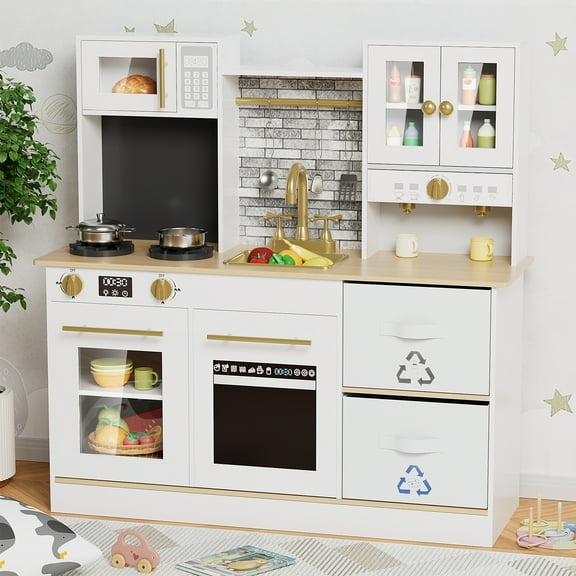 Arlopu Kids Play Kitchen Set, Wooden Pretend Kitchen Toys w/ Cookware Accessories, Sink, Microwave & 2 Fabric Boxs