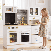 Arlopu Kids Play Kitchen Set, Wooden Pretend Kitchen Toys w/ Cookware Accessories, Sink, Microwave & 2 Fabric Boxs