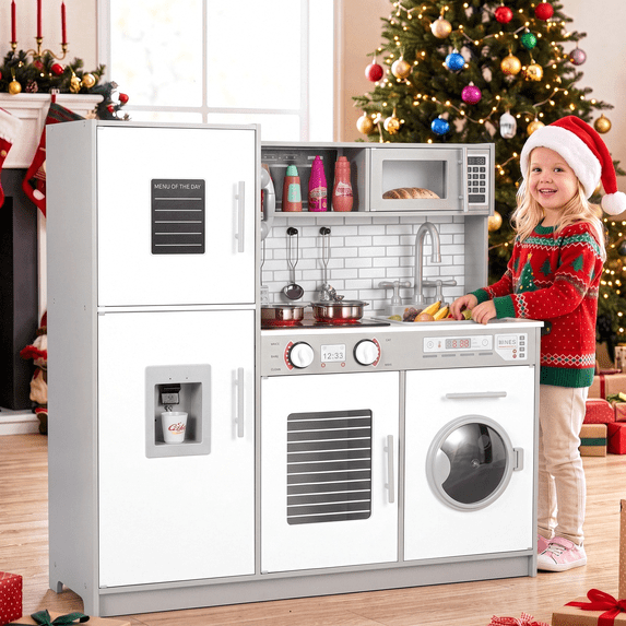 Arlopu Kids Play Kitchen, Wooden Pretend Kitchen Playset Interactive Cooking Toys with Lights & Sounds, Gifts for Boys Girls Age 3+