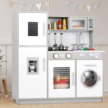 Arlopu Kids Play Kitchen, Wooden Pretend Kitchen Playset Interactive Cooking Toys with Lights & Sounds, Gifts for Boys Girls Age 3 