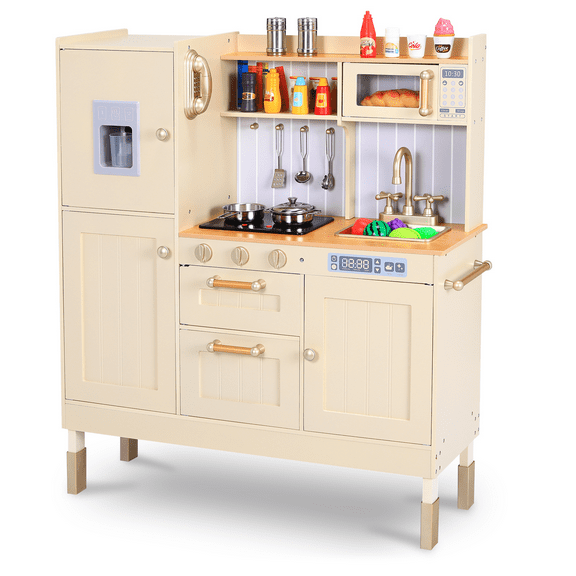 Arlopu Kids Play Kitchen, Ultimate Interactive Wooden Pretend Kitchen Playset with Telephone, Utensils, Oven, Sink, Gift for Boys Girls