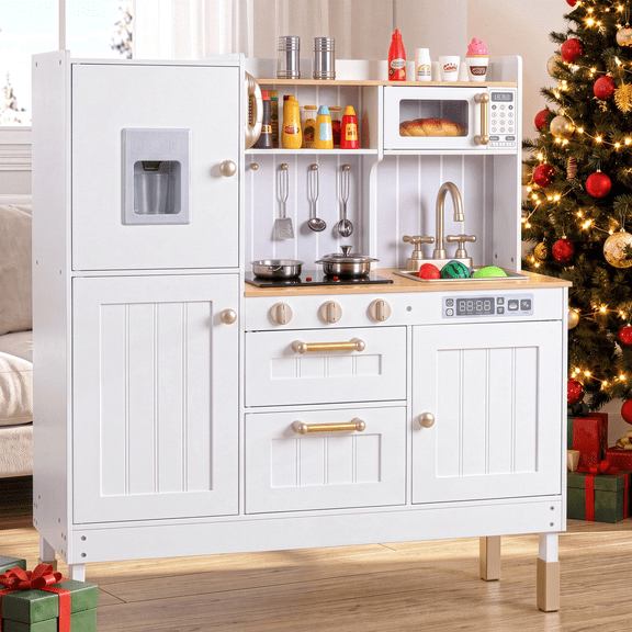 Arlopu Play Kitchen for Kids, Wooden Toy Toddler Kitchen Sets | Pretend Cooking Playset with Storage & Accessories, Realistic Light & Sound, Stove, Fridge, Microwave, Removable Sink