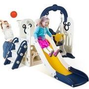 Arlopu Kids Slide and Swing Set, Large Toddler Slide Climber Playset with Ball & Basketball Hoop, Storage Space, Anti-Slip Steps, Indoor Outdoor Playground Toy for Boys & Girls