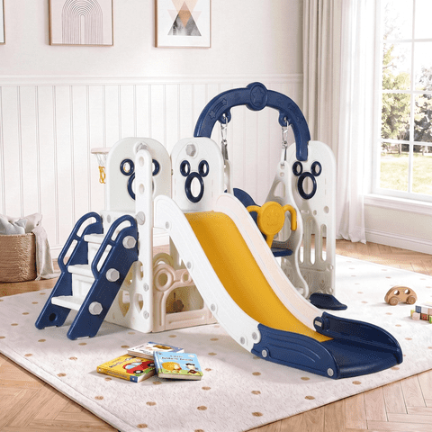 Arlopu Kids Slide & Swing Set, Large Toddler Slide Climber Playset w/ Ball & Basketball Hoop, Storage Space, Anti-Slip Steps, Indoor Outdoor Playground Toy for Boys & Girls 2+ Years