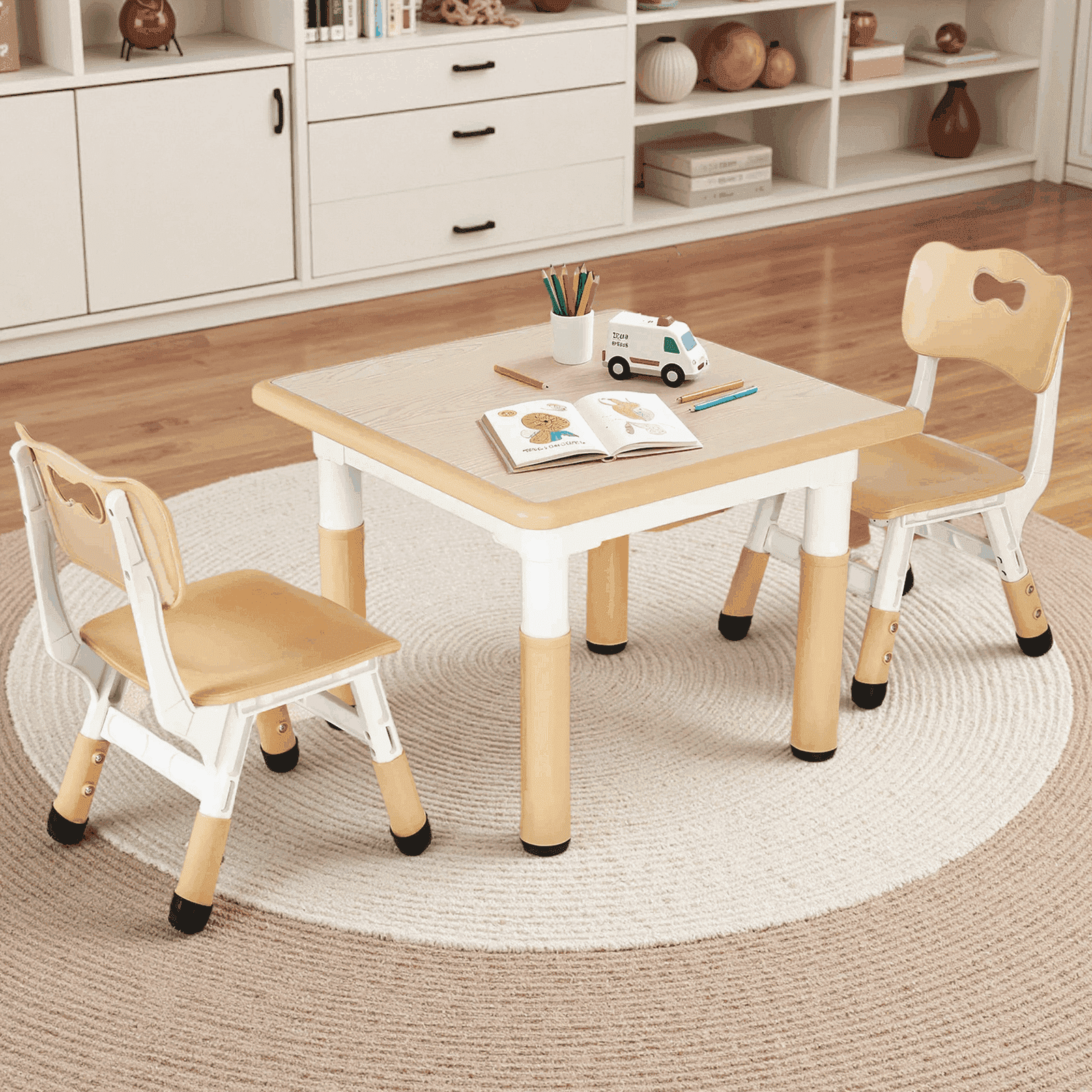 Arlopu Kids Table and 2 Chairs Set with Graffiti Desktop, Height Adjustable Toddlers Table and Chairs Set, Kids Activity Table for Home/Nursery/Daycare/Classroom