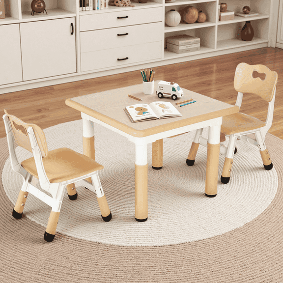 Arlopu Kids Table and 2 Chairs Set with Graffiti Desktop, Height Adjustable Toddlers Table and Chairs Set, Kids Activity Table for Home/Nursery/Daycare/Classroom