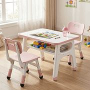Arlopu Kids Table and 2 Chairs Set, Height-Adjustable Toddler Table and Chairs Set with Graffiti Desktop, Toddler Activity Table for Daycare, Classroom, Home, Pink