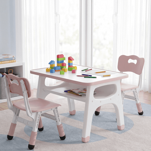 Arlopu Kids Table and 2 Chairs Set, Height-Adjustable Toddler Table and Chairs Set with Graffiti Desktop, Toddler Activity Table for Daycare, Classroom, Home, Pink