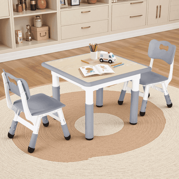 Arlopu Kids Table and 2 Chairs Set, Height-Adjustable Toddler Table and Chairs Set with Graffiti Desktop, Toddler Activity Table for Daycare/ Classroom/Home