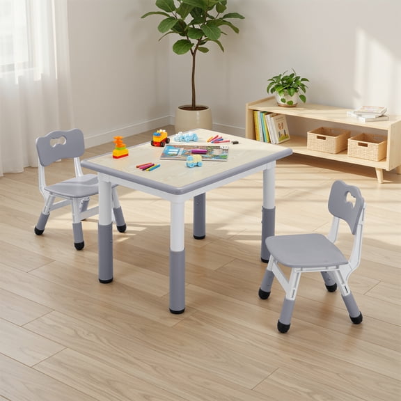 Arlopu Kids Table and 2 Chairs Set, Height-Adjustable Toddler Table and Chairs Set w/ Graffiti Desktop for Reading & Drawing, Children Activity Table w/ Non-Slip Legs for Daycare,Classroom,Preschoo