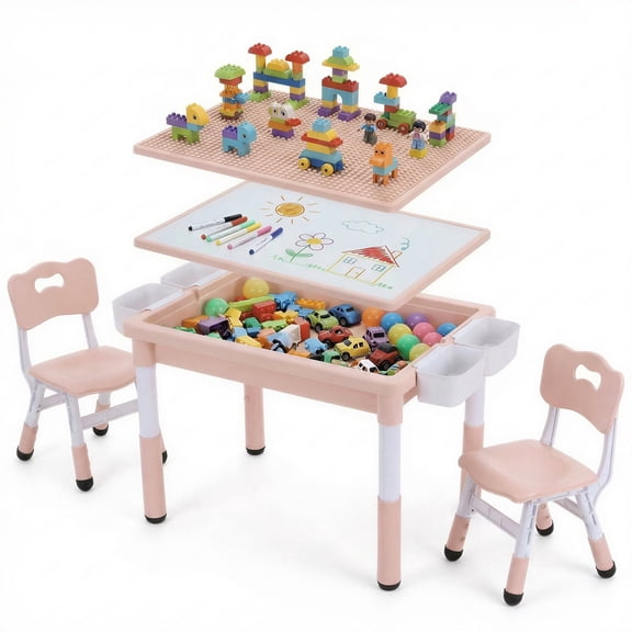 Arlopu Kids Table and 2 Chairs Set, Toddler Activity Table with Double-Sided Graffiti/Block Building Tabletop & 4 Drawers, Height Adjustable, Pink