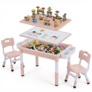 Arlopu Kids Table and 2 Chairs Set, Toddler Activity Table with Double-Sided Graffiti/Block Building Tabletop & 4 Drawers, Height Adjustable, Pink