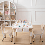 Arlopu Kids Table and 2 Chairs Set, Toddler Activity Table with Double-Sided Graffiti/Block Building Tabletop & 4 Drawers, Height Adjustable, Yellow