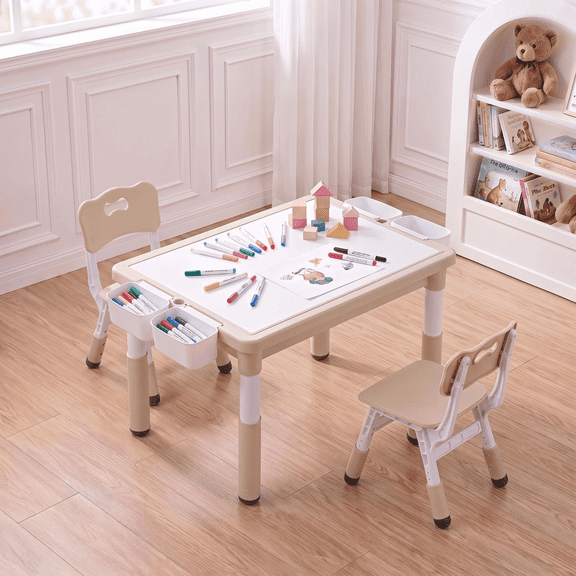 Arlopu Kids Table and 2 Chairs Set, Toddler Activity Table with Double-Sided Graffiti/Block Building Tabletop & 4 Drawers, Height Adjustable, Yellow