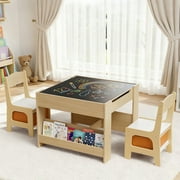 Arlopu Kids Table & 2 Chairs Set, 4 in 1 Toddler Wooden Activity Table with Storage Drawer, Blackboard, Reversible & Detachable Tabletop, Bookshelf for Drawing Learning