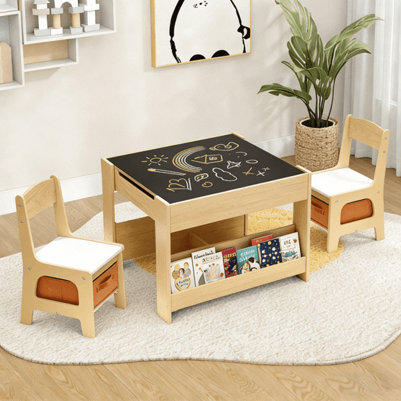 Arlopu Kids Table & 2 Chairs Set, 4 in 1 Toddler Wooden Activity Table with Storage Drawer, Blackboard, Reversible & Detachable Tabletop, Bookshelf for Drawing Learning