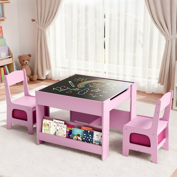 Arlopu Kids Table and 2 Chairs Set, 4 in 1 Wooden Art Desk with Storage Drawer, Blackboard, Reversible & Detachable Tabletop, Bookshelf for Toddlers Drawing Learning Playing, Pink