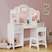 Arlopu Kids Vanity Set with Stool, Wooden Makeup Vanity Desk Children Dressing Table with Chair, Tri-Folding Mirror, Storage Cabinet & Drawers