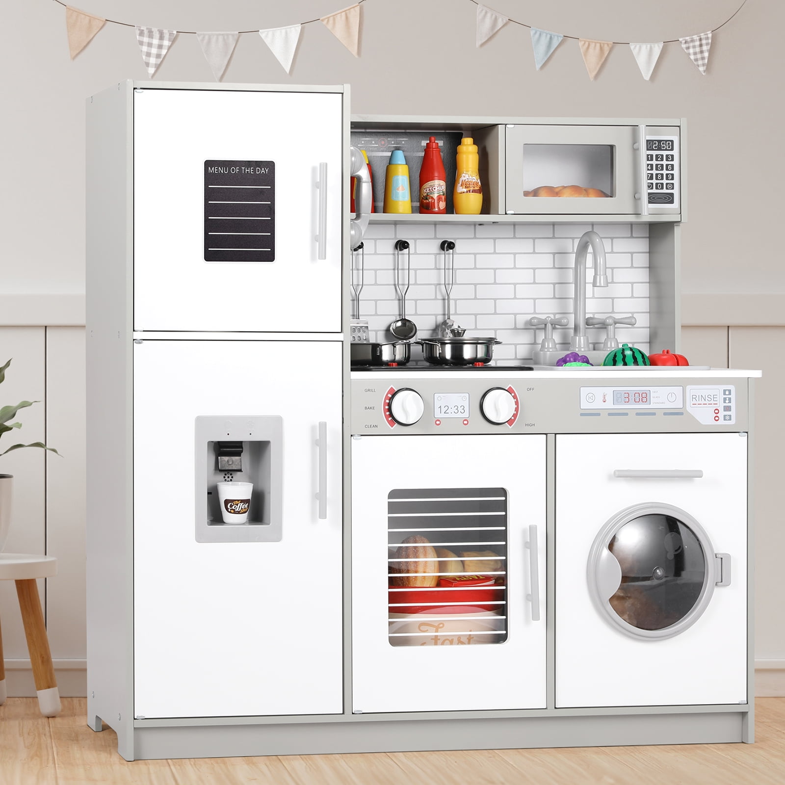 Arlopu Kids Wooden Pretend Kitchen Playset Toddler Cooking Toys with