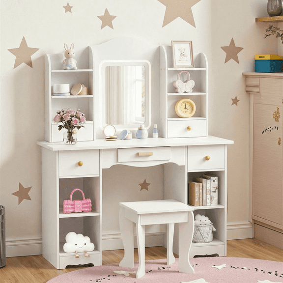 Arlopu Kids Wooden Vanity Table & Stool Set, Princess Makeup Dressing Table w/ 3-Color Light, Open Shelves, Storage Cabinet, Drawer, White