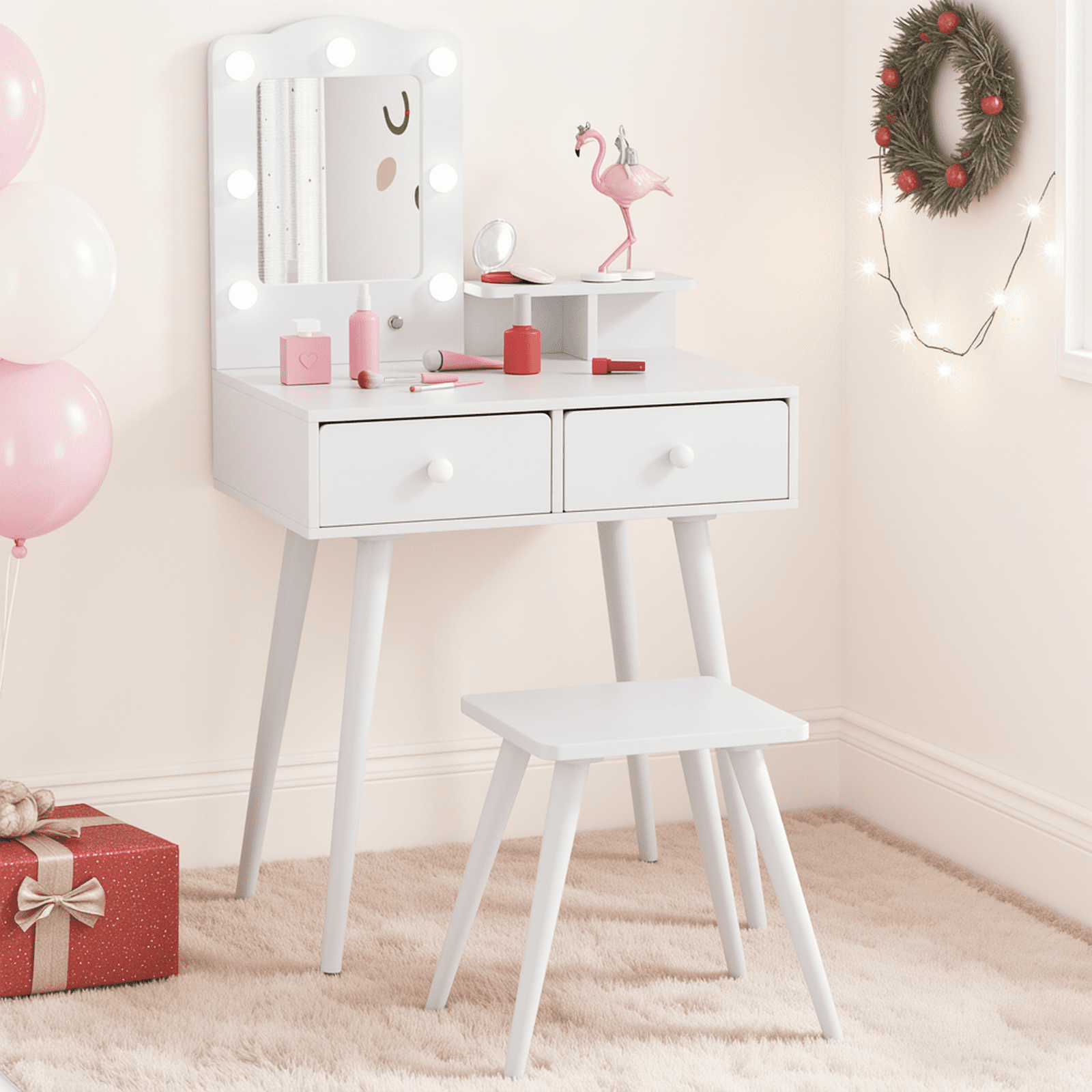 Arlopu Kids Vanity Table & Stool Set, Wooden Makeup Table and Chair Set with Storage Drawer, LED Lights & Mirror