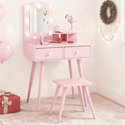 Arlopu Kids Wooden Vanity Table and Stool Set, Toddlers Makeup Dressing Table with Mirror, Drawer & LED Lights
