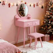 Arlopu Kids Vanity Table & Stool Set with Mirror, 2-in-1 Wooden Pretend Play Makeup Table & Chair with Storage Drawer & Shelves