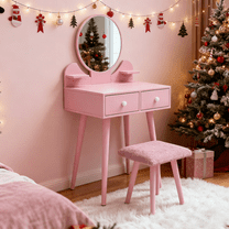 Arlopu Kids Vanity Table & Stool Set with Mirror, 2-in-1 Wooden Pretend Play Makeup Table & Chair with Storage Drawer & Shelves