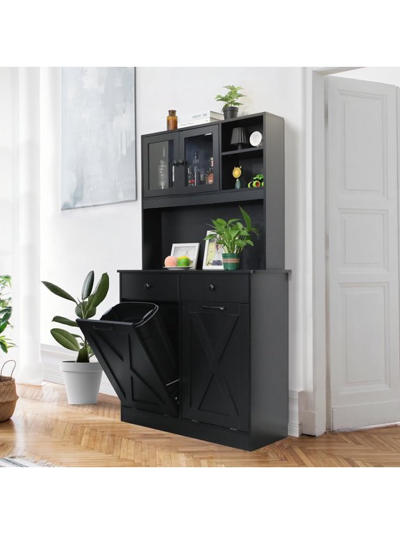 Kitchen Pantry Storage Cabinet, Wooden Double Tilt Out Trash Cabinet Freestanding Garbage Bin Holder Recycling Cabinet with Drawers, Shelves